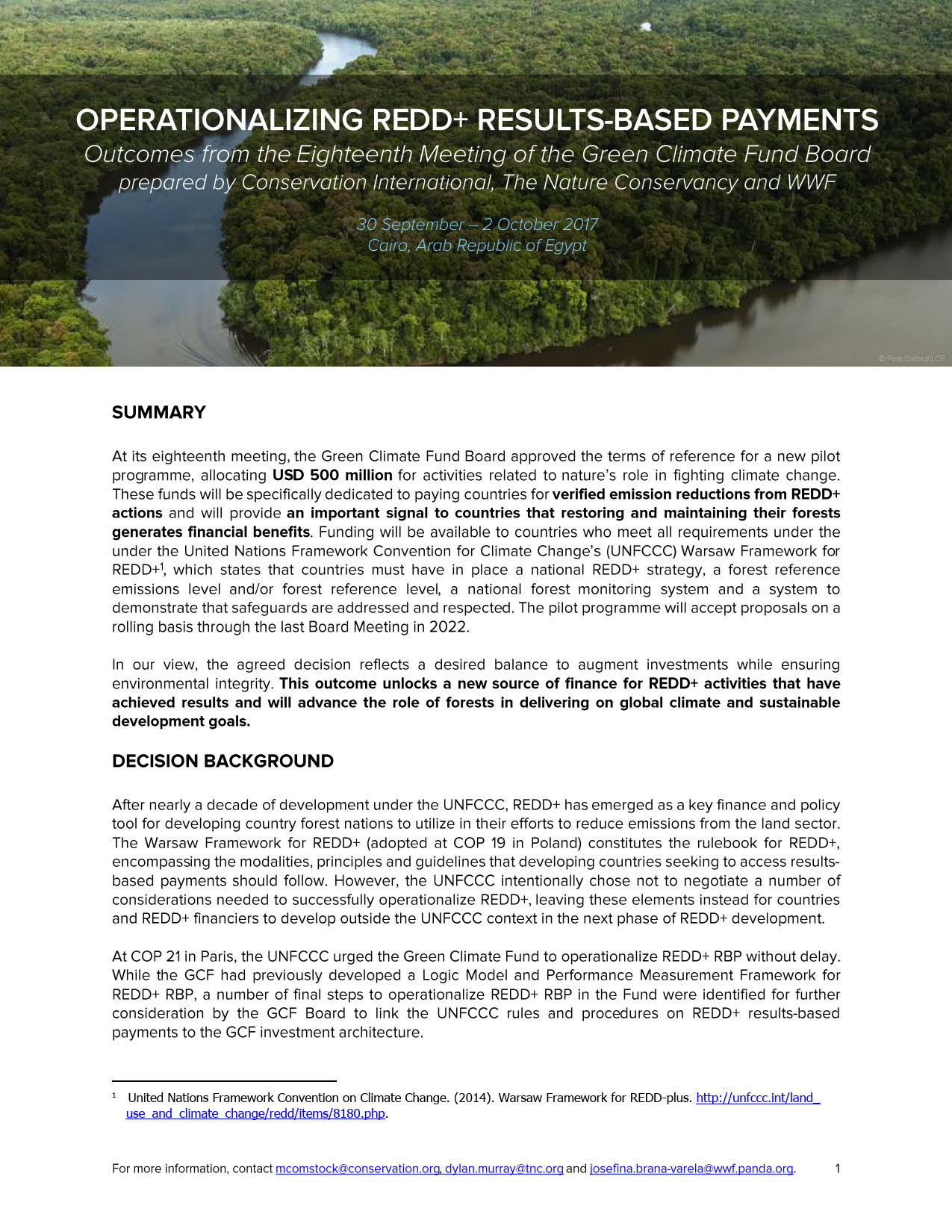 Operationalizing Redd Results Based Payments Outcomes From The
