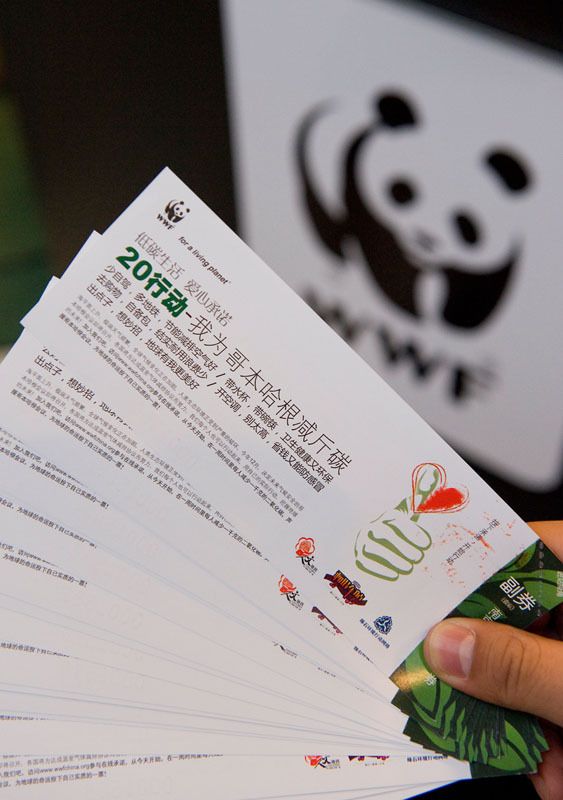Advice cards in chinese language, produced by WWF, on how to reduce your carbon footprint, COP 15, United Nations Climate Change Conference, Copenhagen, Denmark.